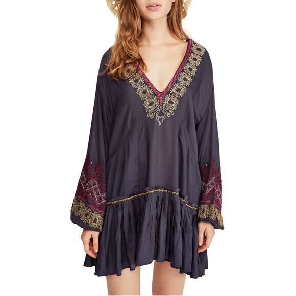 Free People Wild One Black Embroidered Boho Tunic Dress | Size Small - Picture 2 of 15